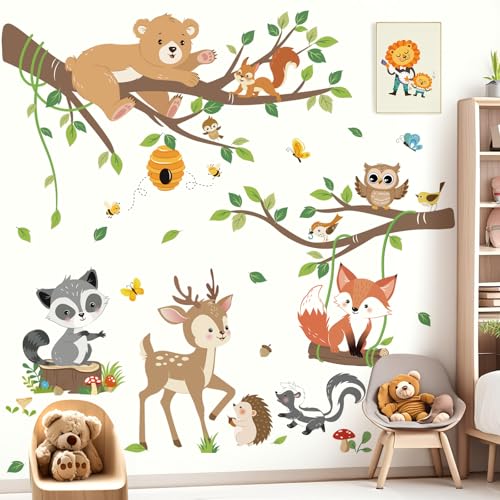 decalmile Stickers Muraux Enfant Animaux Forêt Arbre Branche Autocollant Mural Ours Cerf Renard Feuilles Décoration Murale Bébé Pépinière Chambre Enfants
