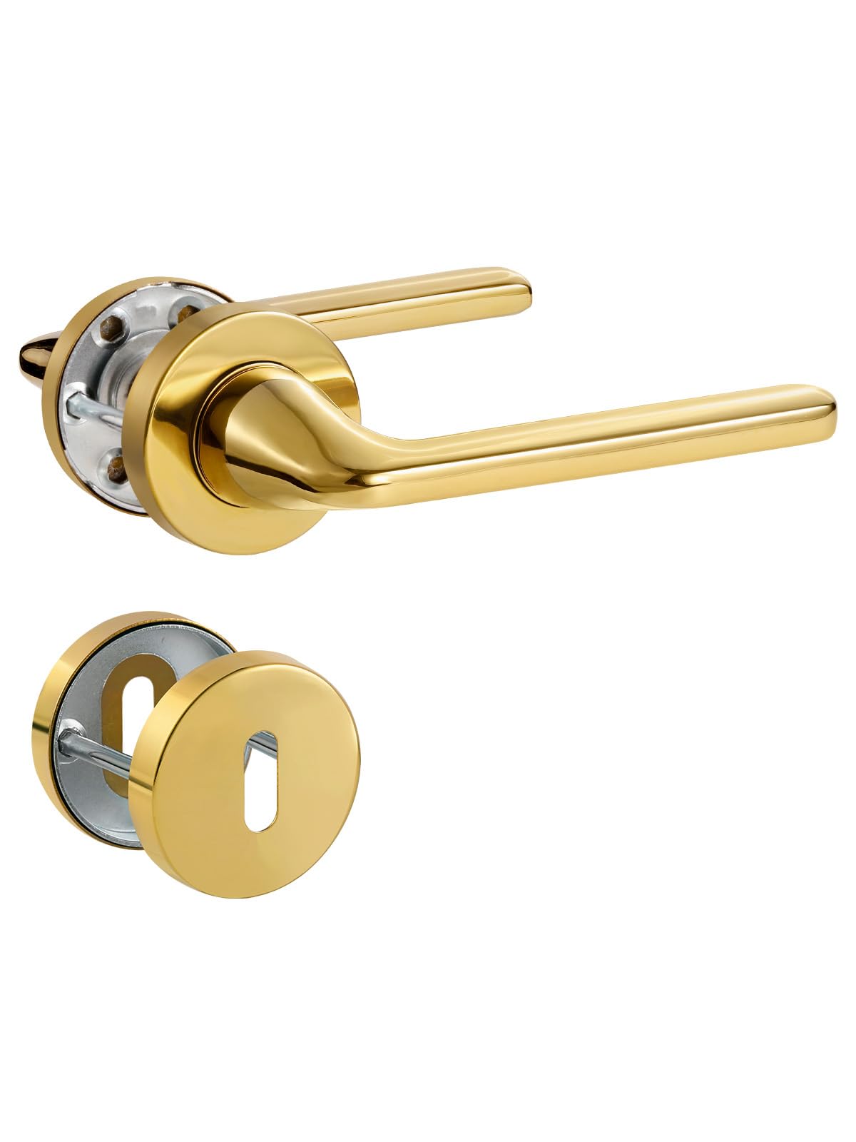 SORWDUERM Maniglia per porta Pvd Gold Set maniglia, acciaio inox opaco, maniglia per porta d'ingresso e porta interna, forma a L, rosetta rotonda, BB - Maniglia per letto