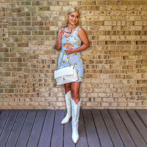 Image of Pasuot Western Cowboy Boots for Women - Knee High Wide Calf Cowgirl Boots, Slip On Pointed Toe Chunky Heel Fashion Retro Classic Pull On Tall Boot for ladies Party concert