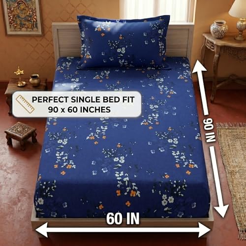 Image of Mafatlal 125 GSM Merino Single Size Bedsheet with Pillow Cover | 90 x 60 Inches | Soft, Breathable & Lightweight | Blue