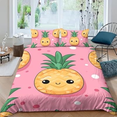 Lovely Pineapple Bedding Set Comforter Covers 3D Printedcartoon Fruit Quilt Cover Duvet Cover with Pillowcases Microfiber 2 Pieces for Childrens and Adults with Zipper Closure Twin(173x218cm)