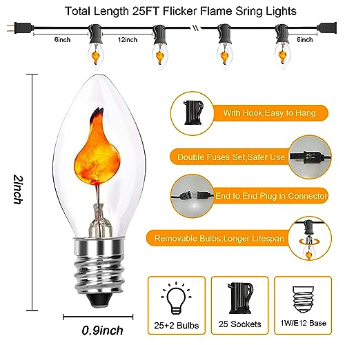 Image of C7 Christmas Flicker Flame String Lights, 25Ft C7 Outdoor Christmas Decorations String Lights with Clear Flicker Flame Bulbs, Hanging Patio Lights for Christmas Halloween Party Garden Porch-Black