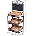 MyGift Fruit Stand and Produce Stand with Burnt Wood Trays, Bakery Display Rack, Bread Display Shelf, 3-Tier Vintage Metal Design with Chalkboard Signs