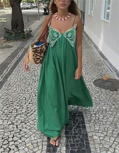Image of Yuemengxuan Boho Maxi Dresses for Women Spaghetti Strap Flowy Smocked Long Dress Casual Summer Vacation Beach Maxi Dress