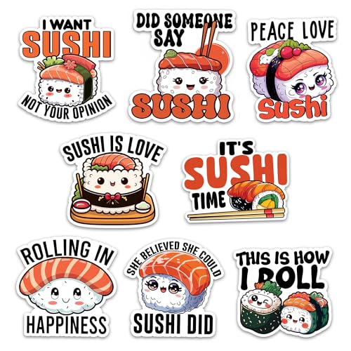 Image of Sushi Sticker 8 Pcs (Large Size) Vinyl Stickers Laptop Waterproof Decal for Car Bumper Water Bottle Notebook Luggage Window Birthday Decorations - Size 4 Inches