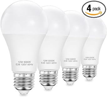 A19 LED Bulbs E26 12W 100W Equivalent, Daylight 5000K Pack of 4