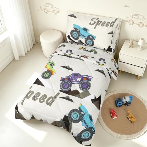 Image of 4 Piece Toddler Bedding Set, Ultra Soft and Breathable Cartoon Car Toddler Comforter Sets for Boys Includes Quilted Comforter, Fitted Sheet, Flat Sheet and Pillowcase