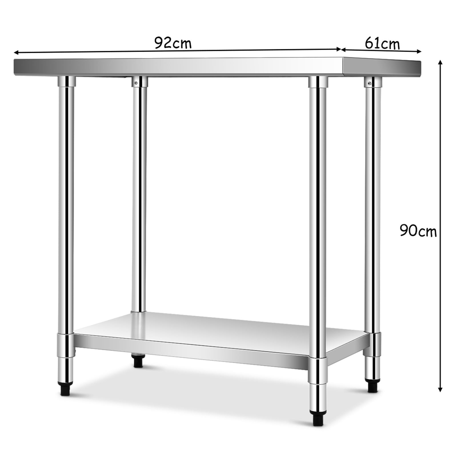 COSTWAY Stół Kuchenny Ze Stali Nierdzewnej Z Półką o Regulowanej Wysokości, Roboczy, Gastronomiczny, Przygotowawczy Z Półblatem (92 x 61 x 90 cm)