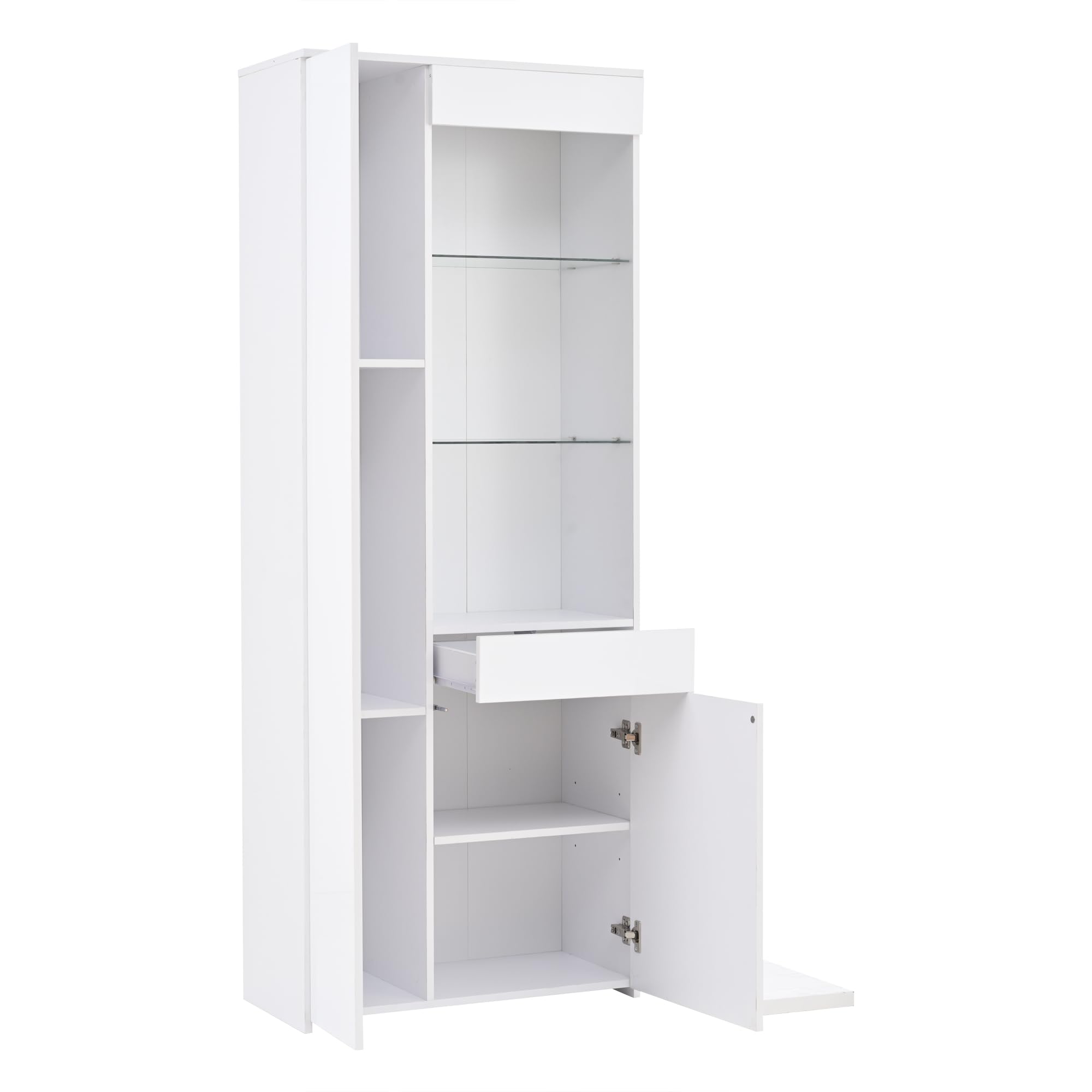 OKMYHOME Vitrina – Armario de almacenamiento con iluminación LED y 2 compartimentos – Tablero de partículas y cristal templado blanco 70 x 35 x 180 cm