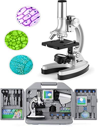 TELMU Microscope pour étudiants 300X-600X-1200X Grossissement Jumelles Microscope avec Bras en métal, Base et étui de Rangement Pratique (70 pièces + Ensemble d'accessoires)