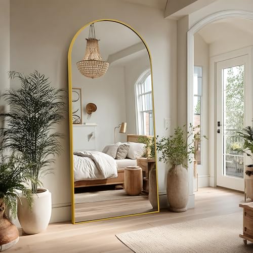 Aplancee Espejo de pie arco, 180 x 80 cm, espejo de cuerpo completo con marco de metal dorado para apoyarse o colgar en la pared, espejo grande para vestidor, salón y dormitorio
