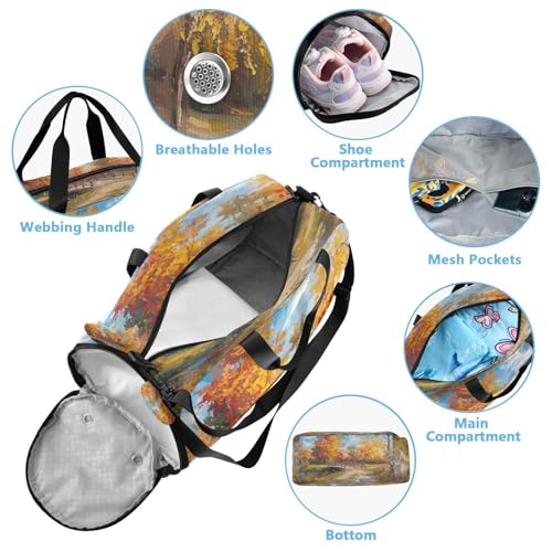 YETTASBIN Sport Travel Duffel Bag for Girls Boys, Autumn Path Large Waterproof Weekender Overnight Bag, Detachable Shoulder Strap Gym Bag with Shoe Compartment & Wet Pocket4