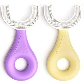YOTEE U-Shaped Toothbrush Kids 2 PCS - Toddler Toothbrush with Food Grade Soft Silicone Brush Head, Manual Whole Mouth Tooth Brush for Kids Age 2-6(Purple+Yellow)