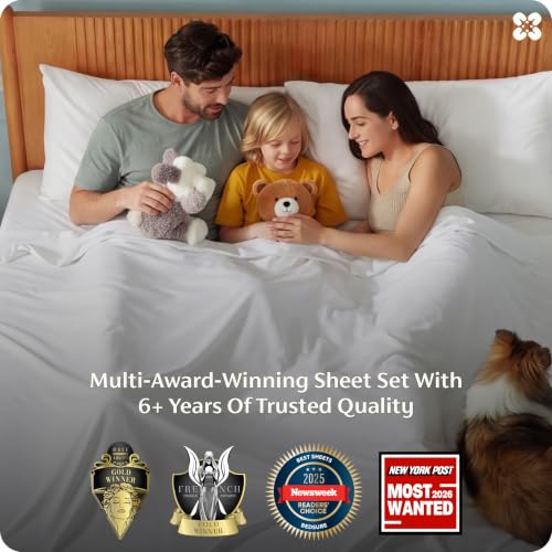Image of Bedsure Queen Sheet Set, Cooling Sheets for Queen Size Bed Set, Rayon Derived from Bamboo, PureWoven, Breathable & Soft, Deep Pocket Up to 16 Inches, Hotel Luxury Silky Bedding for Hot Sleepers, White
