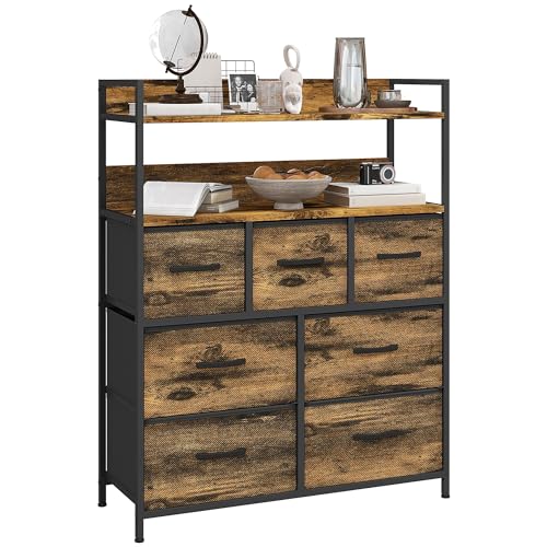 HOMCOM Cómoda para Dormitorio Cajonera de Tela con 7 Cajones Plegables Estantes Abiertos y Marco de Acero Cajonera Estrecho para Salón Entrada Marrón Rústico