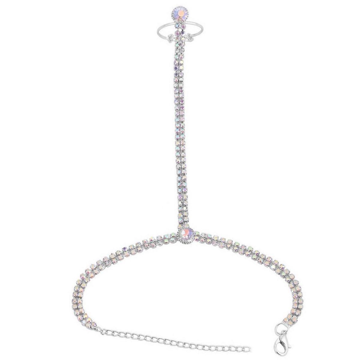 Silver Plated Diamond Stone HathPhool Slave Chain Finger Ring Bracelet Hand Harness Thong Hath Panja For Women and Girls, M, Stone, Rhinestone, M, Stone, rhinestone