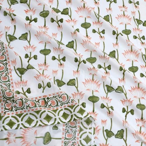 Image of TOAI Hand Block Printed Bedsheet | Bed Spread Flatsheet Bed Sheet | Pure Cotton | Double Bed Queen Size 90 inchx108 inch | 300 TC Long Staple Cotton | 2 Reversible Pillow Covers |Orange Pink Lotus Vines