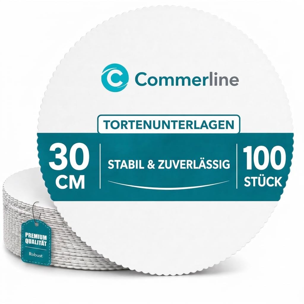 Commerline 100 Stück Tortenunterlagen | Ø 30 cm Runde, Weiß | Gezackter Rand | Pappe | Lebensmittelecht | Einweg Kuchenunterlagen für Torten, Gebäck & Desserts | Bäckerei & Konditorei