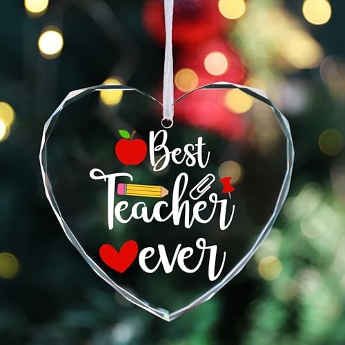 ELOI Best Teacher Ever Glass Ornament, Heart-Shaped Crystal Teacher Appreciation Gift, Apple and Pencil Design with White Ribbon, Teacher's Day, End of Year Thank You Gift