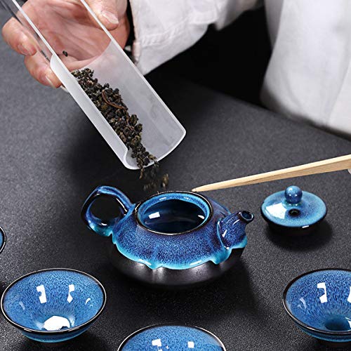 Omytea Travel Japanese Tea Set - Chinese Asian Kung Fu Gongfu Porcelain Tea Set - Including Tea Pot, 6 Tea Cups, Bamboo Tea Tray, Tea Towel, Organizer Storage Case (Blue Pumpkin) #TOP5