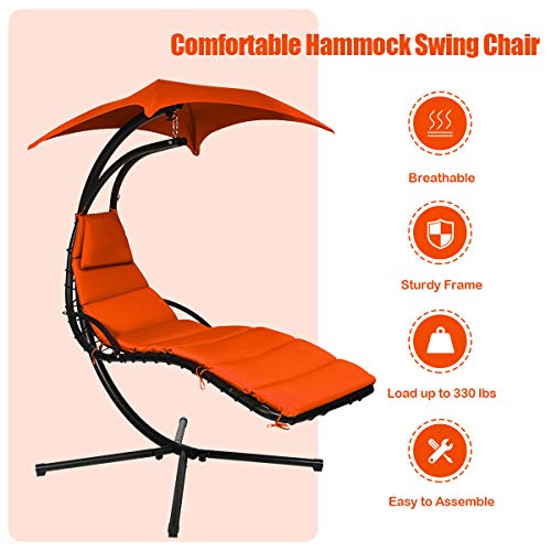 Giantex Hanging Chaise Lounger Chair, Arc Stand Porch Swing Chair W/Canopy, Cushion Built-In Pillow, Outdoor Freestanding Swing Hammock Chair For Patio Poolside Backyard Garden (Orange) #TOP5