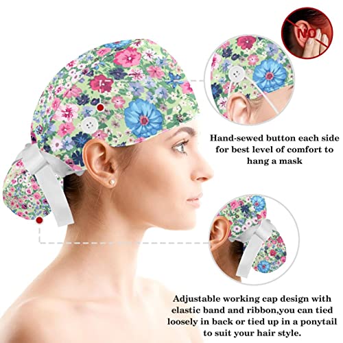 Image of Butterfly Scrub Cap Women with Ponytail & Buttons Adjustable Surgical Nurse Hat with Cotton Sweatband for Long Hair