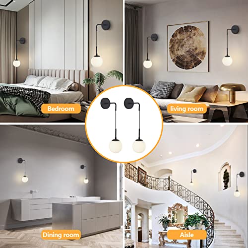 Image of KCO Lighting Frosted White Glass Wall Sconce Set of Two Black Globe Ball Wall Light Adjustable Cord Industrial Vanity Wall Lamp for Bathroom Mirror Bedside Stairs (White)