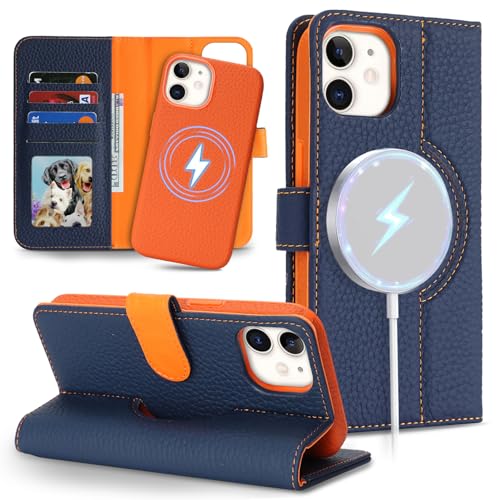 Image of Detachable Genuine Leather Case for iPhone 12 /12 Pro Wallet Case Magnetic 2in1 Removable Flip Cover Book Purse Compatible with Magsafe Charging Kickstand Card Holder-Navy Blue+Orange