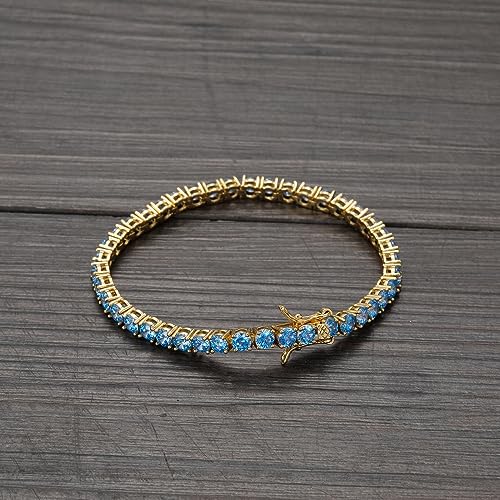 Sparkling 14K Round Gemstones and Yellow Gold Accent, Women's Tennis Bracelet with Blue Moissanite, Gifts for Women3