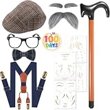 Fabllewavi 8PCS Old Man Grandpa Costume - Hat Suspenders Bow Tie Fake Eyebrows Whiskers Glasses Cane Badge Tattoo for Cosplay (Navy)