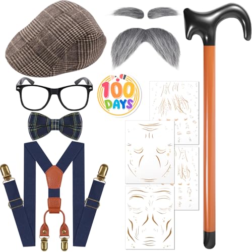 Fabllewavi 8PCS Old Man Grandpa Costume - Hat Suspenders Bow Tie Fake Eyebrows Whiskers Glasses Cane Badge Tattoo for Cosplay (Navy)