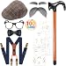 Fabllewavi 8PCS Old Man Grandpa Costume - Hat Suspenders Bow Tie Fake Eyebrows Whiskers Glasses Cane Badge Tattoo for Cosplay (Navy)