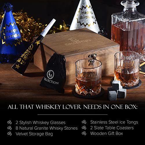 Emcollection's Crystal Whiskey Glasses Set Of 2 | Bourbon Glass | 8 Whiskey Stones Gift Set | Coasters & Velvet Bag | All In A Brown Cool Wooden Box | For Him, Men's Gift, Boss, Whisky Lovers #TOP3