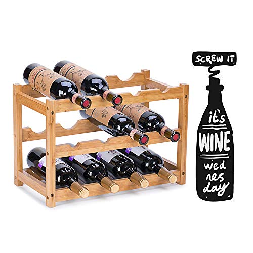 Fostersource Wine Rack, Natural Bamboo Storage Rack Freestanding Countertop Stackable Display Shelf Wine Bottle Holder (3-Tiers 12-Bottles) #TOP5