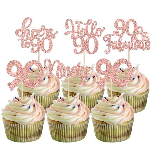 Gyufise 30pcs Happy 90th Birthday Cupcake Toppers - Rose Gold Glitter Ninety Cheers to 90 Years Old Cupcake Picks for Anniversary Party Cake Decorations