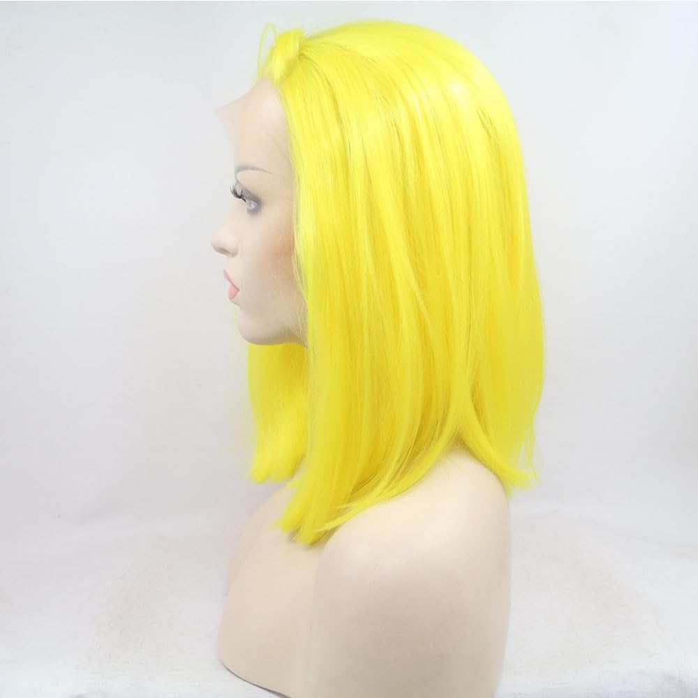 xiweiya Fluorescent Yellow Short Cut Lace Front Wig Bob Straight Free Part Synthetic Wigs Heat Resistant Lemon-Yellow Synthetic Lace Front Wigs for Women Short Haircut Hand Tied Replacement Full Wig - Image 2