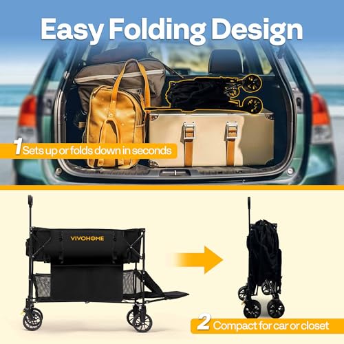 Image of VIVOHOME 400L Large Capacity Double Decker Collapsible Wagon 500lbs Heavy Duty Utility Folding Cart with Big Wheels 53 inch Extended for Camping, Sports