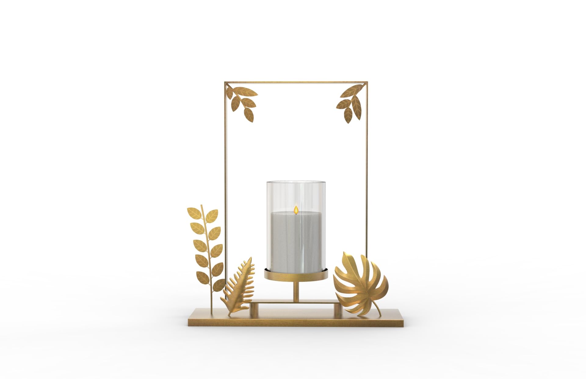 Gold Metal Candle Holder with Glass Hurricane and Leaf Decor | Botanical Leaf Design, Glass Hurricane, Tabletop Display, Rectangular Frame, Home Decor-image-32