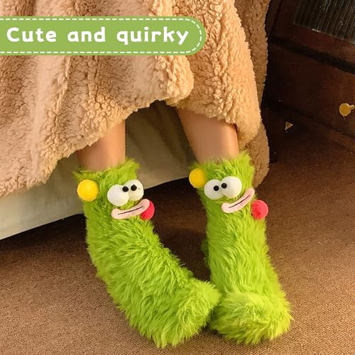 Image of Coral Velvet Cartoon Monster Funny Socks: 3D Novelty Warm & Cozy Fluffy Silly Socks for Women