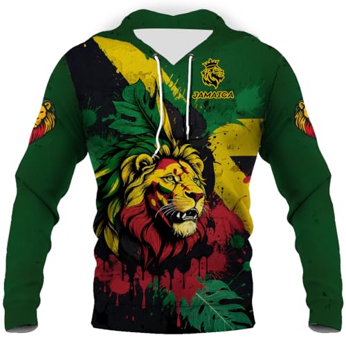 BJU Jamaica Flag Hoodie Drawstring Pullover Lion Graphic 3D Printed Long Sleeve Sweatshirt Unisex