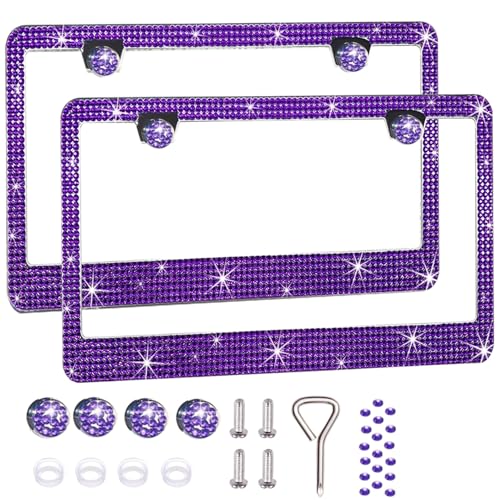 2 Pack License Plate Frames for Women Sparkly Rhinestone Diamond Car Accessories with Glitter Crystal Caps (Violet2PCS)