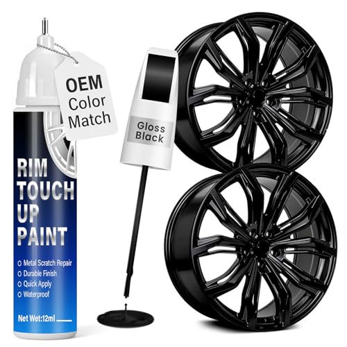 Qnofuit Gloss Black Rim Touch Up Paint, 2-in-1 Brush & Tip, 0.4 fl oz - Universal Black Rim Curb Rash Repair Kit for Scratches, Scuffs on Alloy/Metal Wheels, OEM Color Match, Quick-Dry & Long-Lasting