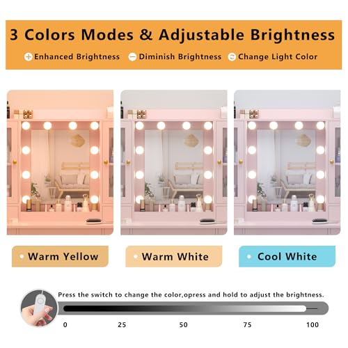 Image of Wodeer Vanity Desk with Mirror and Lights, 43 inch Pink Makeup Vanity Set with 5 Drawers & Glass Cabinets, Makeup Tray, Power Outlet & Adjustable LED Lights, Dressing Table for Women & Girls Bedroom