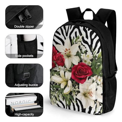 Supdreamc Cheetah Leopard Zebra Print Floral Black And White Rucksacks Lightweight Multipurpose Anti-Theft Shoulder Bag Big Capacity Traveling & Camping Backpack With Side Pockets3