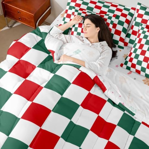 Image of Feelyou Checkered Christmas Comforter Set with Sheets 7 Piece Twin Size Red Green Plaid Bedding Set for Kids Boys Girls Geometric Vintage Bed in a Bag Modern Simple Groovy Aesthetic Room Decor Soft
