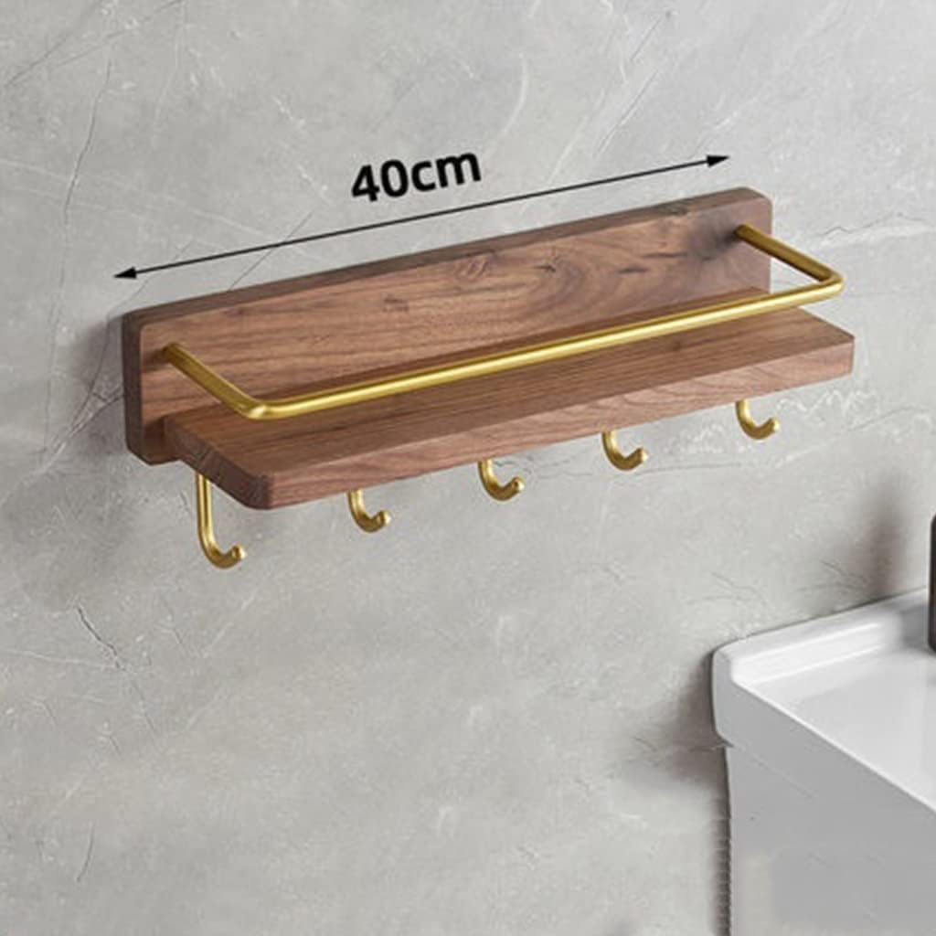 シャワーシェルフラック 壁取り付け式 ウォールナット バスルームシェルフ フック付き タオルバーオーガナイザーラック/ホルダー 石鹸