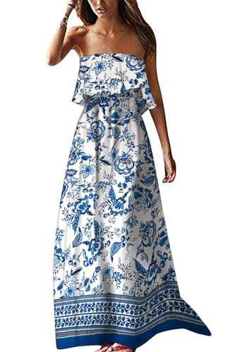 Image of ZMPSIISA Women's Summer Off The Shoulder Maxi Dress Ruffle Strapless Blue White Porcelain Boho Casual Loose Long Dresses