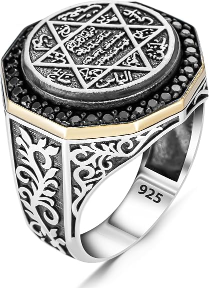 Anillo de sello de los siete arcángeles para hombre, sello de Salomón, cábala, plata de ley 925, circonita cúbica negra, triángulo, estrella de David, anillo de amuleto de protección para