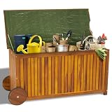 VINGLI 57 Gallon Wooden Outdoor Deck Box, Acacia Patio Storage Box with Convenient Wheels, Outdoor Storage Bin with Water-Resistant Inner Bag, Patio Deck Box for Indoors & Outdoors