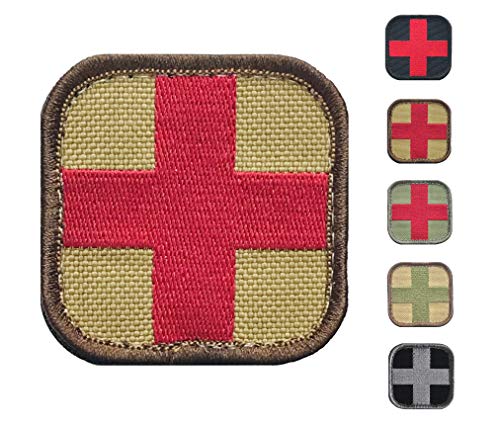 Medic Cross First Aid Morale Patch - Stitch/Embroidered - Perfect for IFAK Rip Away Pouch, EMT, EMS, Trauma, Medical, Paramedic First Response Rescue Kit - Tactical, Combat, Emergency (Coyote-RED)